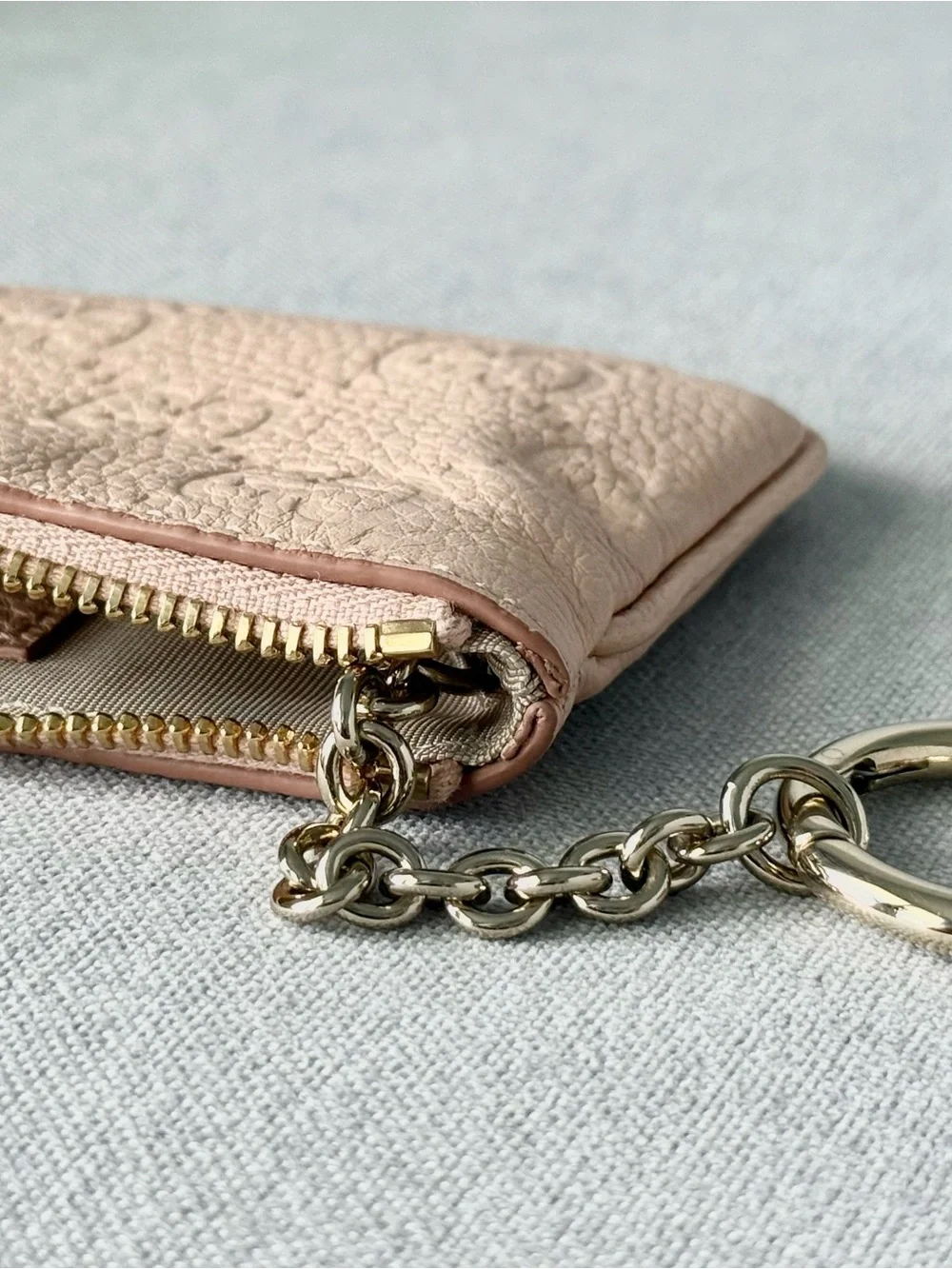 Pale Pink Embossed Leather Zip Pouch with Gold Chain